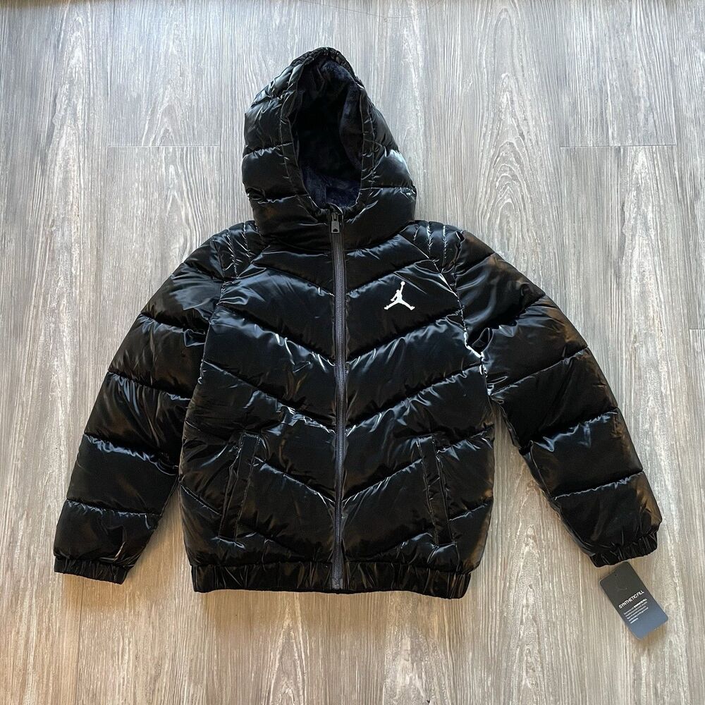 Jordan Big Girls Glittered Shine Puffer Jacket Black Hooded Full Zip Size M